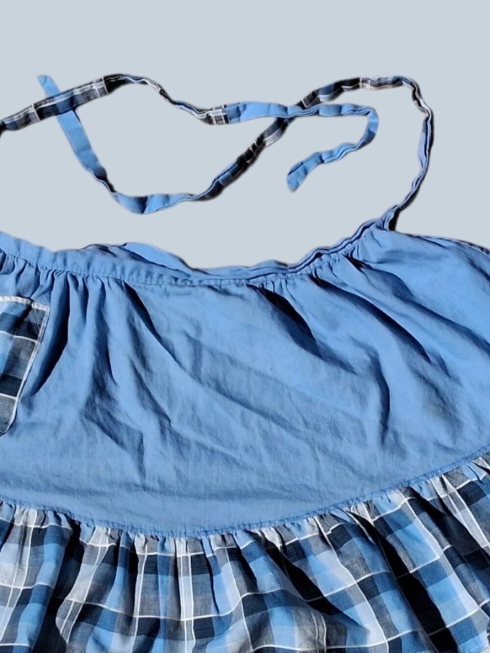 Vintage Blue Plaid Country Waist Apron Ruffle Trim Floral Pocket